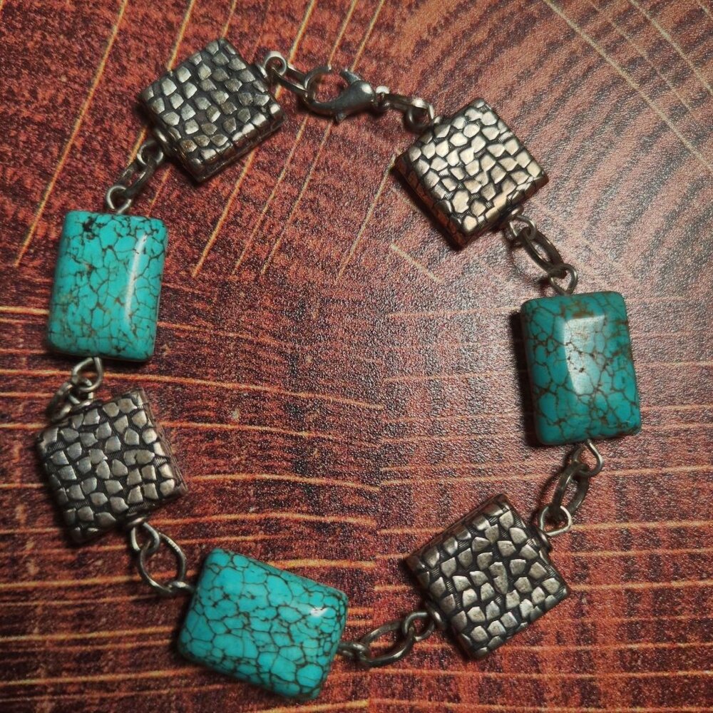 Turquoise & Metal Modernist Handmade Bracelet 9 Inches Long